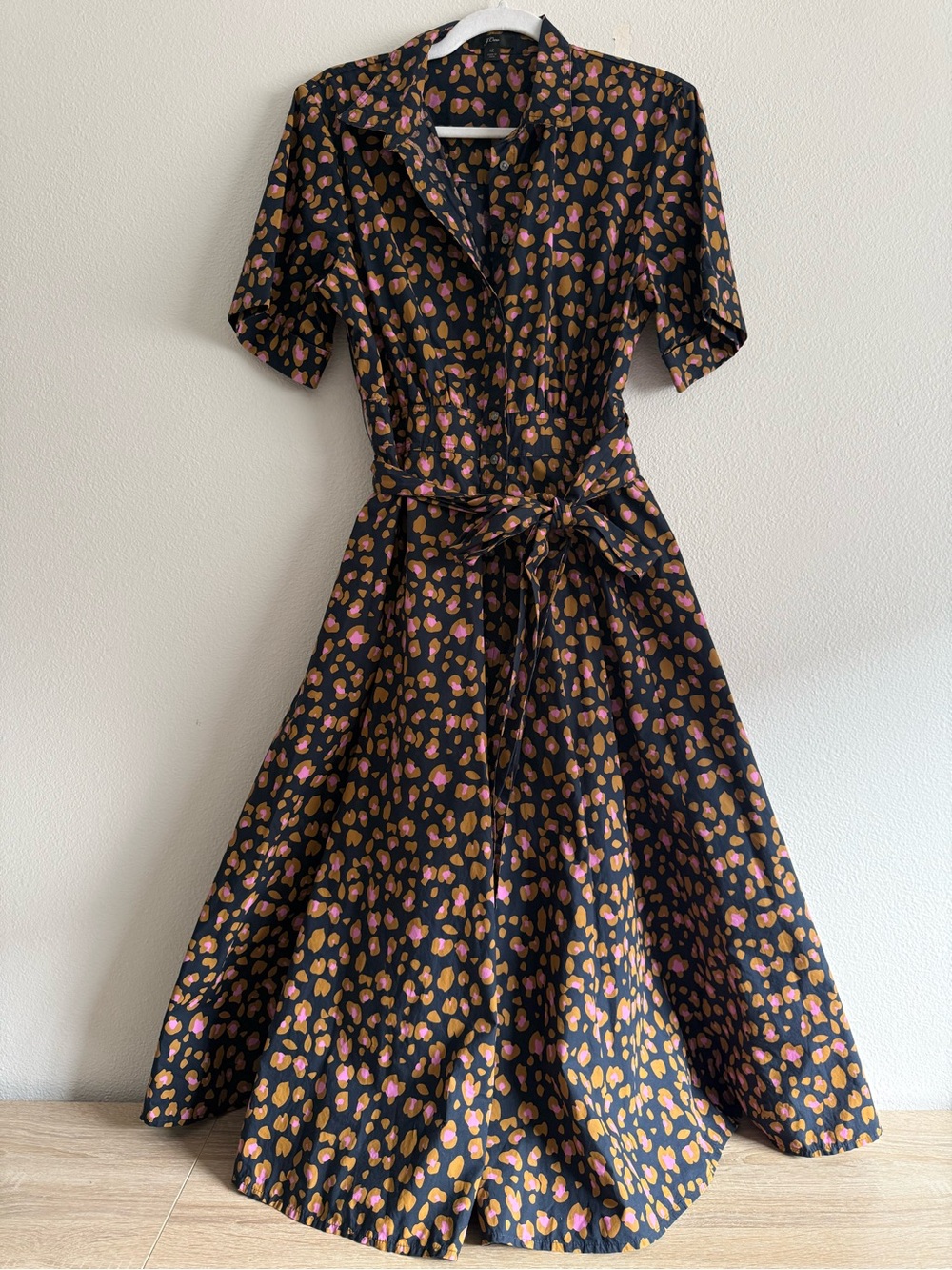 J.Crew Leopard Tie-Waist Short-Sleeve Dress Midi Shirt Dress Sz 12 - Picture 3 of 9